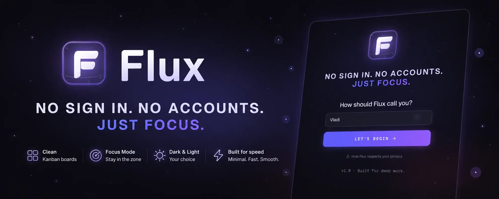 A look at Flux: hero copy, the kanban dashboard, the feature grid, the brand mark, and the mobile mockup.